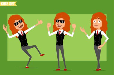 Çizgi film düz komik, kırmızı kravatlı, iş elbiseli, kızıl saçlı kız karakteri. Çocuk poz veriyor, kaslarını ve başparmaklarını gösteriyor. Animasyon için hazır. Yeşil arka planda izole edilmiş. Vektör seti.