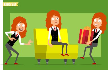 Çizgi film düz komik, kırmızı kravatlı, iş elbiseli, kızıl saçlı kız karakteri. Çocuk sinsi, kanepede dinleniyor ve bayram hediyesi taşıyor. Animasyon için hazır. Yeşil arka planda izole edilmiş. Vektör seti.