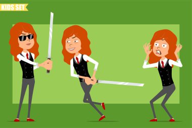 Çizgi film düz komik, kırmızı kravatlı, iş elbiseli, kızıl saçlı kız karakteri. Çocuk korkmuş, elinde Asya kılıcıyla koşuyor. Animasyon için hazır. Yeşil arka planda izole edilmiş. Vektör seti.