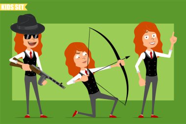 Çizgi film düz komik, kırmızı kravatlı, iş elbiseli, kızıl saçlı kız karakteri. Çocuk otomatik tüfekle ve okla yayla ateş ediyor. Animasyon için hazır. Yeşil arka planda izole edilmiş. Vektör seti.