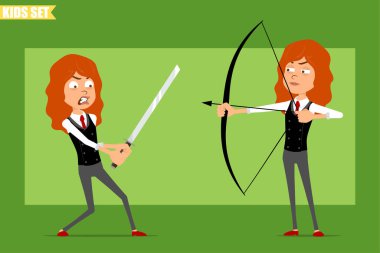 Çizgi film düz komik, kırmızı kravatlı, iş elbiseli, kızıl saçlı kız karakteri. Asyalı bir kılıç tutan ve okla yaydan ateş eden bir çocuk. Animasyon için hazır. Yeşil arka planda izole edilmiş. Vektör seti.