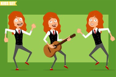 Çizgi film düz komik, kırmızı kravatlı, iş elbiseli, kızıl saçlı kız karakteri. Çocuk atlıyor, dans ediyor ve gitarda rock çalıyor. Animasyon için hazır. Yeşil arka planda izole edilmiş. Vektör seti.