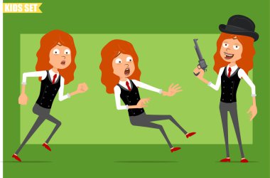 Çizgi film düz komik, kırmızı kravatlı, iş elbiseli, kızıl saçlı kız karakteri. Çocuk tabanca tutuyor, koşuyor ve geri çekiliyor. Animasyon için hazır. Yeşil arka planda izole edilmiş. Vektör seti.