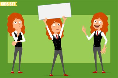 Çizgi film düz komik, kırmızı kravatlı, iş elbiseli, kızıl saçlı kız karakteri. Çocuk düşünüyor, poz veriyor ve mesaj için boş levhayı tutuyor. Animasyon için hazır. Yeşil arka planda izole edilmiş. Vektör seti.