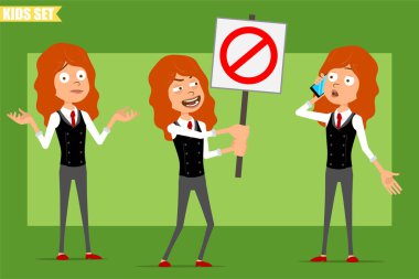 Çizgi film düz komik, kırmızı kravatlı, iş elbiseli, kızıl saçlı kız karakteri. Çocuk telefonda konuşuyor ve elinde dur işareti yok. Animasyon için hazır. Yeşil arka planda izole edilmiş. Vektör seti.