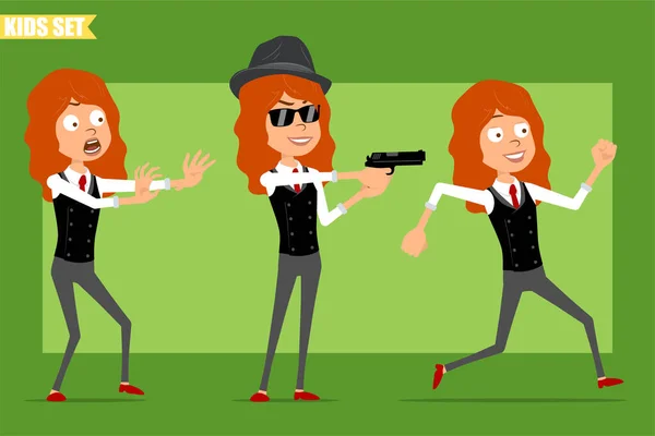 Cartoon Flat Funny Little Redhead Girl Character Business Suit Red — стоковый вектор