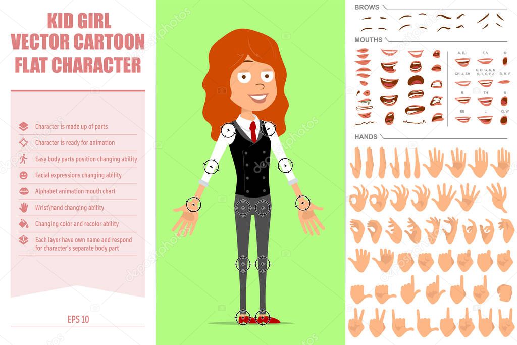 Cartoon flat funny redhead girl character in business suit with red tie. Ready for animation. Face expressions, eyes, brows, mouth and hands easy to edit. Isolated on green background. Vector set.