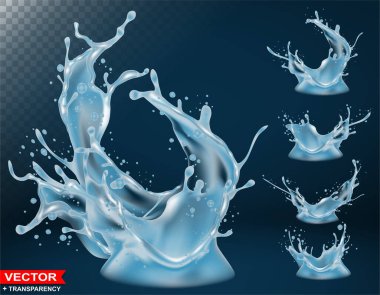 Realistic water splashes, bursts and crown with drops and blots. Pouring liquid on dark blue background. Layered vector with transparency.