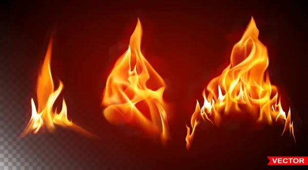 Realistisch Brennende Große Feuerflammen Mit Glänzenden Hellen Elementen Vereinzelt Auf — Stockvektor
