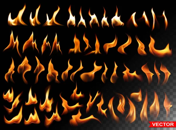 Des Flammes Feu Brûlantes Réalistes Petits Grands Éléments Lumineux Isolés — Image vectorielle