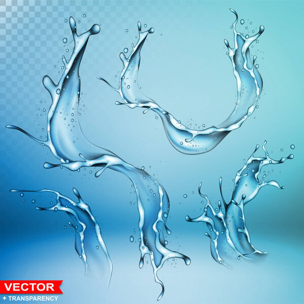 Realistic water splashes, bursts and wave with drops and blots. Pouring liquid on blue background. Layered vector with transparency.