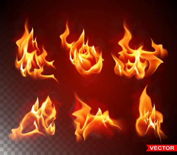 Realistic Burning Fire Flames Shiny Bright Elements Isolated Black Background — Stockvektor