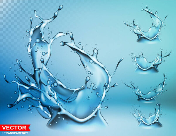 Realistic water splashes, bursts and crown with drops and blots. Pouring liquid on blue background. Layered vector with transparency.