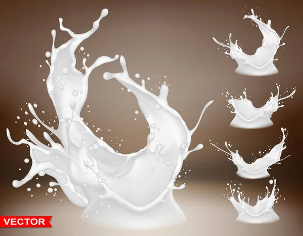 Realistic Milk Splashes Bursts Crown Drops Blots Pouring Liquid Brown — Stockvektor