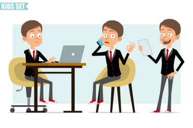 Çizgi film düz komik iş adamı karakteri, siyah ceketli, kırmızı kravatlı. Çocuk dizüstü bilgisayarda çalışıyor, notlar okuyor ve telefonla konuşuyor. Animasyon için hazır. Gri arka planda izole edilmiş. Vektör seti.