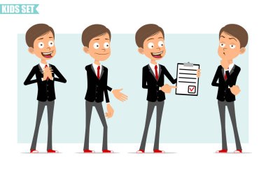 Çizgi film düz komik iş adamı karakteri, siyah ceketli, kırmızı kravatlı. Çocuk el sıkışıyor, görev ve kırmızı işaretle liste yapıyor. Animasyon için hazır. Gri arka planda izole edilmiş. Vektör seti.