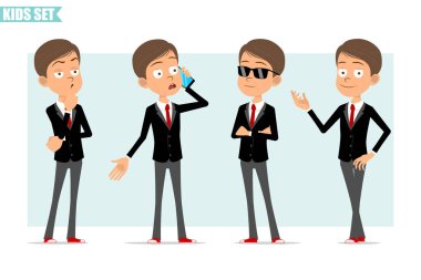 Çizgi film düz komik iş adamı karakteri, siyah ceketli, kırmızı kravatlı. Çocuk gibi düşünmek, poz vermek ve telefonda konuşmak. Animasyon için hazır. Gri arka planda izole edilmiş. Vektör seti.