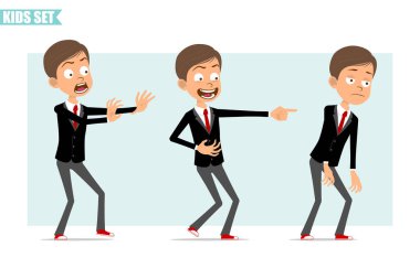 Çizgi film düz komik iş adamı karakteri, siyah ceketli, kırmızı kravatlı. Çocuk korkmuş, üzgün, yorgun ve şeytani bir gülümseme sergiliyor. Animasyon için hazır. Gri arka planda izole edilmiş. Vektör seti.