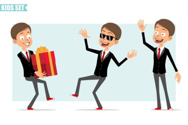 Çizgi film düz komik iş adamı karakteri, siyah ceketli, kırmızı kravatlı. Tatil hediyesi taşıyan ve Hello jesti yapan bir çocuk. Animasyon için hazır. Gri arka planda izole edilmiş. Vektör seti.
