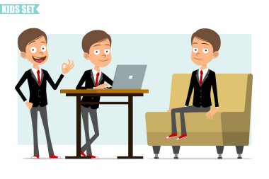 Çizgi film düz komik iş adamı karakteri, siyah ceketli, kırmızı kravatlı. Çocuk dizüstü bilgisayarda çalışıyor, kanepede dinleniyor ve işaret veriyor. Animasyon için hazır. Gri arka planda izole edilmiş. Vektör seti.