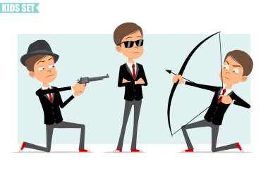 Çizgi film düz komik iş adamı karakteri, siyah ceketli, kırmızı kravatlı. Çocuk yaydan ok ve tabancayla ateş ediyor. Animasyon için hazır. Gri arka planda izole edilmiş. Vektör seti.