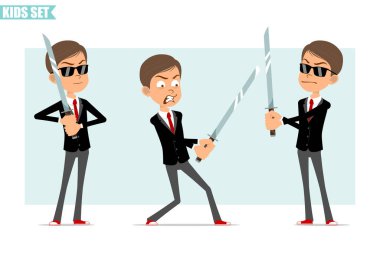 Çizgi film düz komik iş adamı karakteri, siyah ceketli, kırmızı kravatlı. Asyalı samuray kılıcıyla tutulan ve savaşan çocuk. Gri arka planda izole edilmiş. Vektör seti.