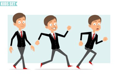 Çizgi film düz komik iş adamı karakteri, siyah ceketli, kırmızı kravatlı. Çocuk hızlı yürüyor ve ileri doğru koşuyor. Animasyon için hazır. Gri arka planda izole edilmiş. Vektör seti.