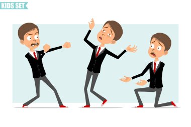 Çizgi film düz komik iş adamı karakteri, siyah ceketli, kırmızı kravatlı. Çocuk dövüşüyor, geri çekiliyor ve dizlerinin üzerinde duruyor. Animasyon için hazır. Gri arka planda izole edilmiş. Vektör seti.