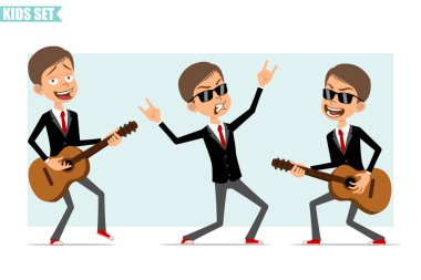 Çizgi film düz komik iş adamı karakteri, siyah ceketli, kırmızı kravatlı. Gitar çalan ve rock 'n roll hareketi yapan bir çocuk. Animasyon için hazır. Gri arka planda izole edilmiş. Vektör seti.