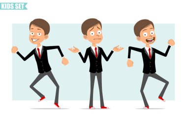 Çizgi film düz komik iş adamı karakteri, siyah ceketli, kırmızı kravatlı. Çocuk yanlış anlaması, dans ve zıplama. Animasyon için hazır. Gri arka planda izole edilmiş. Vektör seti.