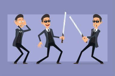 Çizgi film düz komik mafya karakteri siyah ceketli ve güneş gözlüklü. Kızgın bir çocuk, Asyalı samuray kılıcıyla tutuyor ve savaşıyor. Animasyon için hazır. Menekşe arka planda izole edilmiş. Vektör seti.