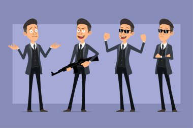 Çizgi film düz komik mafya karakteri siyah ceketli ve güneş gözlüklü. Çocuk poz veriyor, kaslarını gösteriyor ve modern otomatik tüfek tutuyor. Animasyon için hazır. Menekşe arka planda izole edilmiş. Vektör seti.