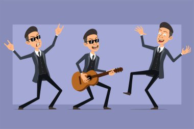 Çizgi film düz komik mafya karakteri siyah ceketli ve güneş gözlüklü. Dans eden çocuk, gitarda çalan ve rock 'n roll işareti gösteren. Animasyon için hazır. Menekşe arka planda izole edilmiş. Vektör seti.