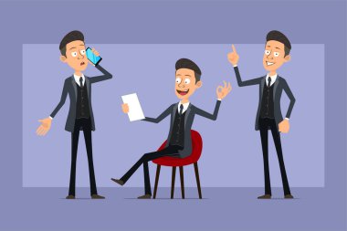 Çizgi film düz komik mafya karakteri siyah ceketli ve güneş gözlüklü. Çocuk telefonda konuşuyor, notları okuyor ve iyi işaretler gösteriyor. Animasyon için hazır. Menekşe arka planda izole edilmiş. Vektör seti.