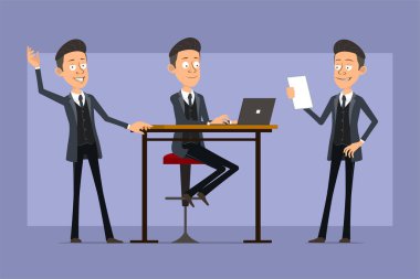 Çizgi film düz komik mafya karakteri siyah ceketli ve güneş gözlüklü. Çocuk dizüstü bilgisayarda çalışıyor, not okuyor ve merhaba işareti gösteriyor. Animasyon için hazır. Menekşe arka planda izole edilmiş. Vektör seti.