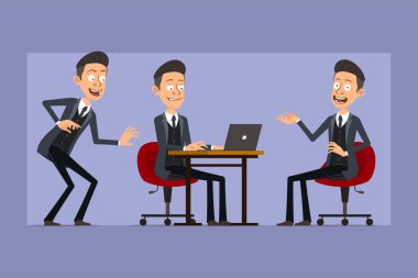 Çizgi film düz komik mafya karakteri siyah ceketli ve güneş gözlüklü. Çocuk sinsice dolaşıyor, dinleniyor ve dizüstü bilgisayarla çalışıyor. Animasyon için hazır. Menekşe arka planda izole edilmiş. Vektör seti.