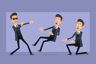 Çizgi film düz komik mafya karakteri siyah ceketli ve güneş gözlüklü. Çocuk dövüşüyor, geri çekiliyor ve dizlerinin üzerinde duruyor. Animasyon için hazır. Menekşe arka planda izole edilmiş. Vektör seti.