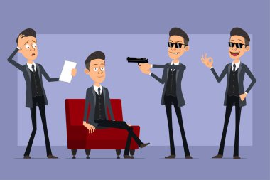 Çizgi film düz komik mafya karakteri siyah ceketli ve güneş gözlüklü. Tabancayla ateş eden, nota okuyan ve dinlenen bir çocuk. Animasyon için hazır. Menekşe arka planda izole edilmiş. Vektör seti.
