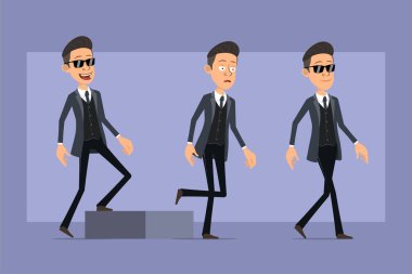 Çizgi film düz komik mafya karakteri siyah ceketli ve güneş gözlüklü. Başarılı, yorgun çocuk hedefine doğru yürüyor. Animasyon için hazır. Menekşe arka planda izole edilmiş. Vektör seti.