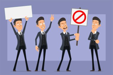 Çizgi film düz komik mafya karakteri siyah ceketli ve güneş gözlüklü. Çocuk barış işareti gösteriyor ve elinde giriş için dur işareti yok. Animasyon için hazır. Menekşe arka planda izole edilmiş. Vektör seti.