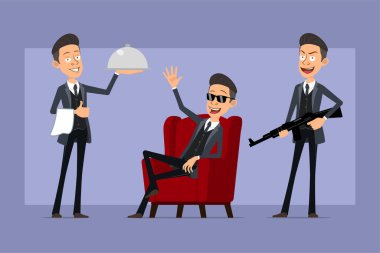 Çizgi film düz komik mafya karakteri siyah ceketli ve güneş gözlüklü. Garson tepsisi, tüfek tutan ve merhaba işareti yapan çocuk. Animasyon için hazır. Menekşe arka planda izole edilmiş. Vektör seti.
