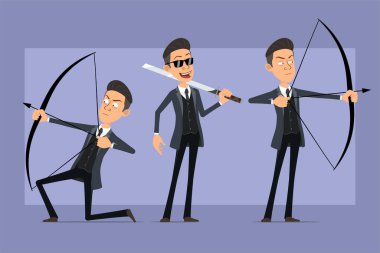 Çizgi film düz komik mafya karakteri siyah ceketli ve güneş gözlüklü. Asyalı bir kılıç tutan ve okla yaydan ateş eden bir çocuk. Animasyon için hazır. Menekşe arka planda izole edilmiş. Vektör seti