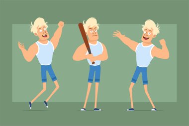 Çizgi film düz komik güçlü sarışın, atlet ve şortlu sporcu karakter. Çocuk poz veriyor, zıplıyor ve beyzbol sopası tutuyor. Animasyon için hazır. Yeşil arka planda izole edilmiş. Vektör seti.