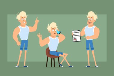 Çizgi film düz komik güçlü atlet karakter atlet ve şort içinde. Çocuk telefonda konuşuyor, listeyi ve dikkat çekmeyi gösteriyor. Animasyon için hazır. Yeşil arka planda izole edilmiş. Vektör seti.