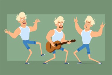 Çizgi film düz komik güçlü atlet karakter atlet ve şort içinde. Dans eden çocuk, gitarda çalan ve rock 'n roll işareti gösteren. Animasyon için hazır. Yeşil arka planda izole edilmiş. Vektör seti.