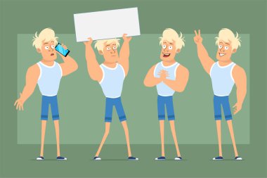 Çizgi film düz komik güçlü sarışın, atlet ve şortlu sporcu karakter. Çocuk düşünüyor, poz veriyor ve boş tabelayı mesaj olarak tutuyor. Animasyon için hazır. Yeşil arka planda izole edilmiş. Vektör seti.