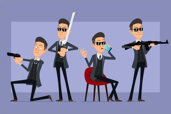 Cartoon Flache Lustige Mafia Mann Figur Schwarzem Mantel Und Sonnenbrille — Stockvektor