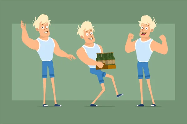 Cartoon Flat Funny Strong Blonde Sportsman Character Undershirt Shorts Boy — Vector de stock