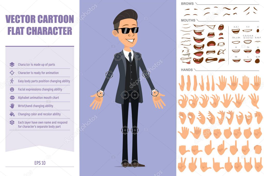 Cartoon flat funny mafia man character in black coat and sunglasses. Ready for animation. Face expressions, eyes, brows, mouth and hands easy to edit. Isolated on violet background. Big vector set.