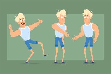Çizgi film düz komik güçlü sarışın, atlet ve şortlu sporcu karakter. Çocuk el sıkışıyor ve işaret veriyor. Animasyon için hazır. Yeşil arka planda izole edilmiş. Vektör seti.
